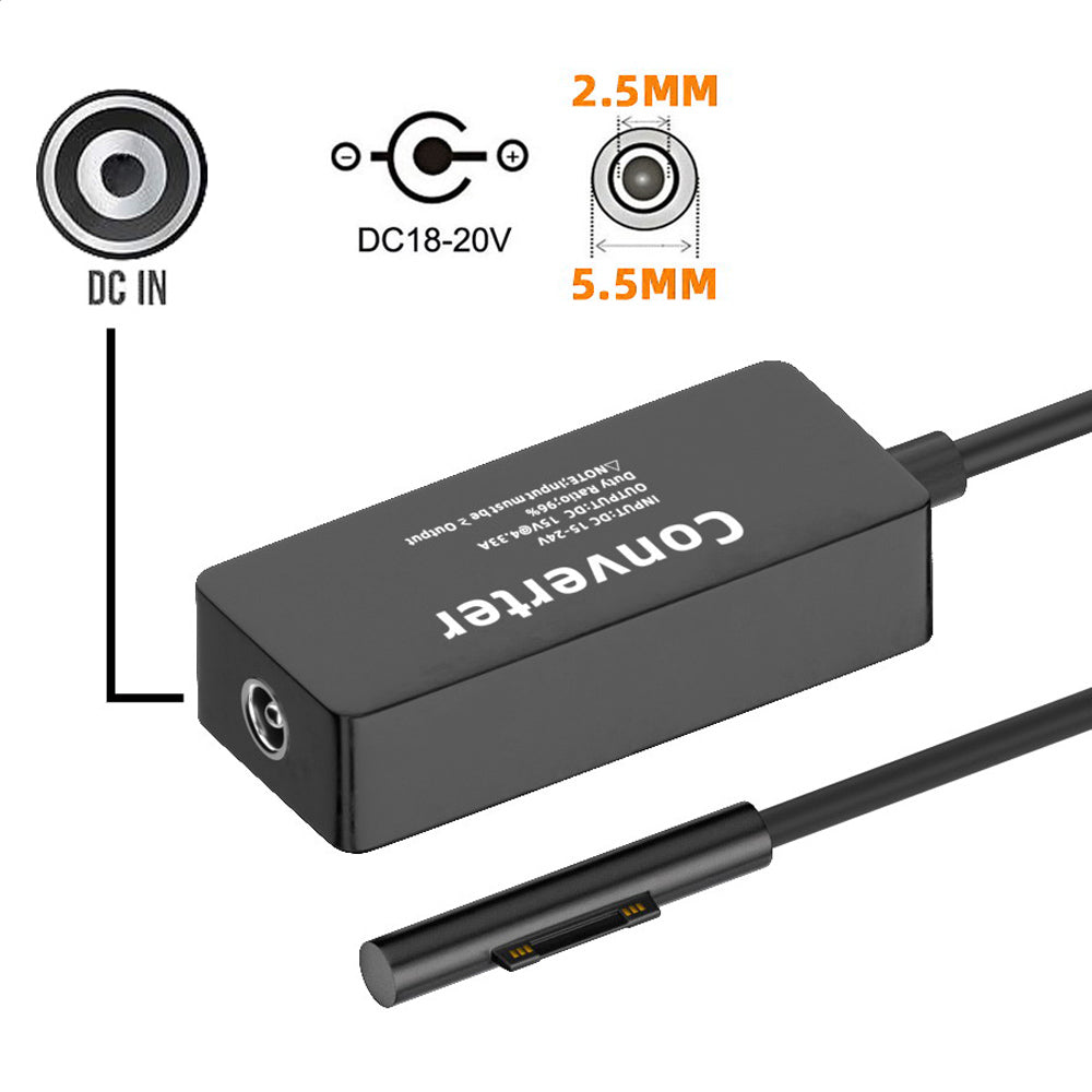 PW-016-5525MM DC 5.5X2.5mm Jack 65W 20V 15V-24V to Surface Pro 3 / 4 / 5 / 6 / 7 / 8 / 9 Magnetic Charge Converter