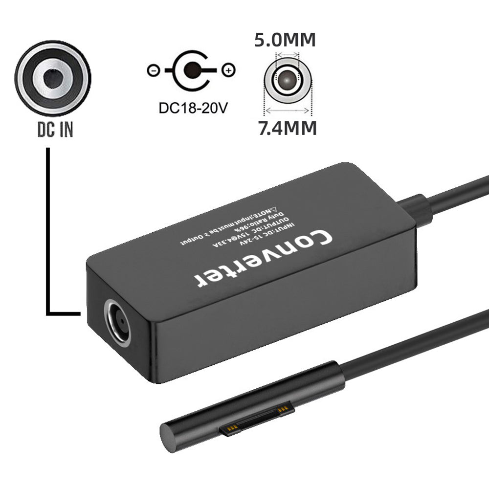 PW-016-7450MM DC 7.4x5.0mm Jack 65W 20V Charging Adapter 15V-24V to Surface Pro 3 / 4 / 5 / 6 / 7 / 8 / 9 Converter