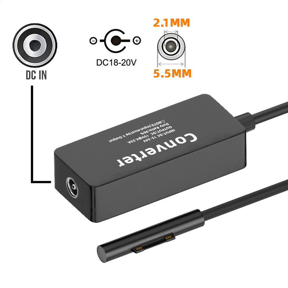 PW-016-5521MM DC 5.5X2.1mm Jack 65W 20V Power Adapter 15V-24V to Surface Pro 3 / 4 / 5 / 6 / 7 / 8 / 9 Charging Converter