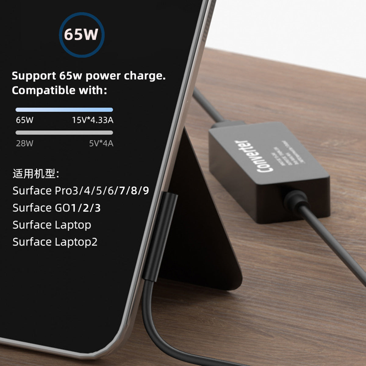 PW-016-TYPECF Type-C USB-C Female 65W DC 15V to Surface Pro 3 / 4 / 5 / 6 / 7 / 8 / 9 Charge Power Converter