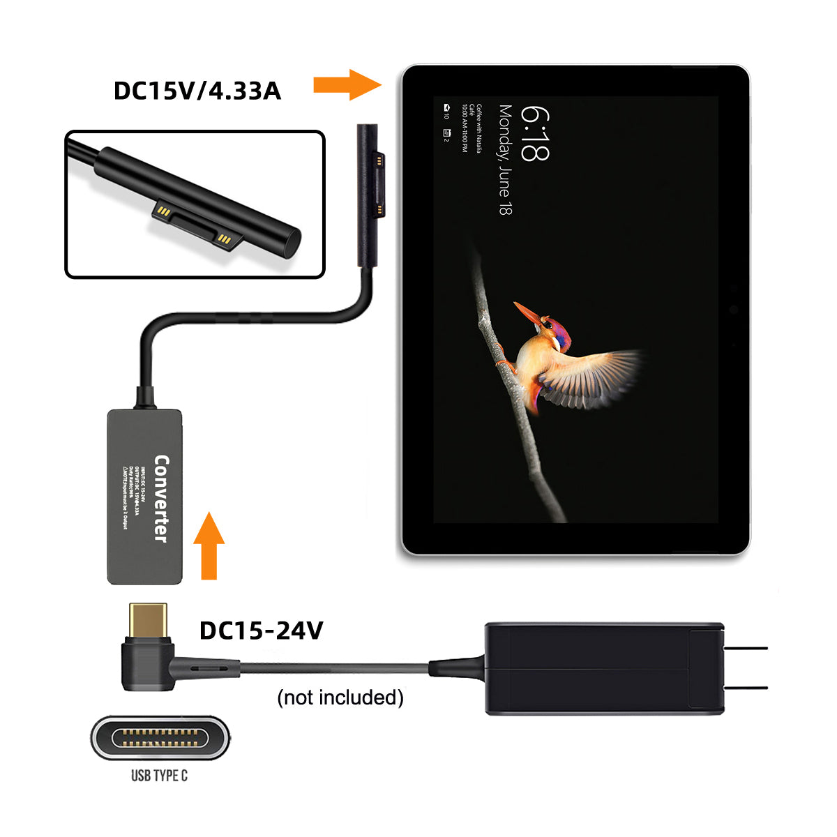 PW-016-TYPECF Type-C USB-C Female 65W DC 15V to Surface Pro 3 / 4 / 5 / 6 / 7 / 8 / 9 Charge Power Converter