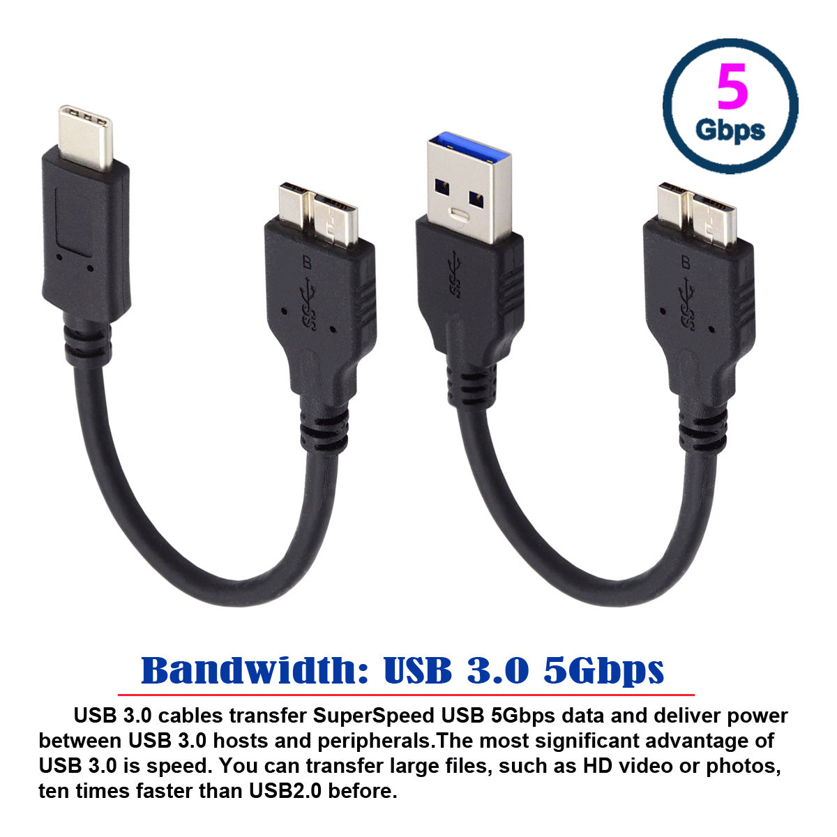 UC-140 2Pcs / Set 15cm USB 3.1 Type-C to Micro 3.0 and USB 3.0 Type-A Male to Micro 3.0 B Male Disk SSD Data Cable
