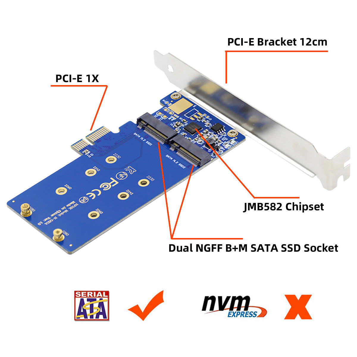 SA-053 Dual SATA NGFF Key B+M SSD to PCI-E 1x Motherboard Desktop Adapter Converter SSD Card JMB582 2280