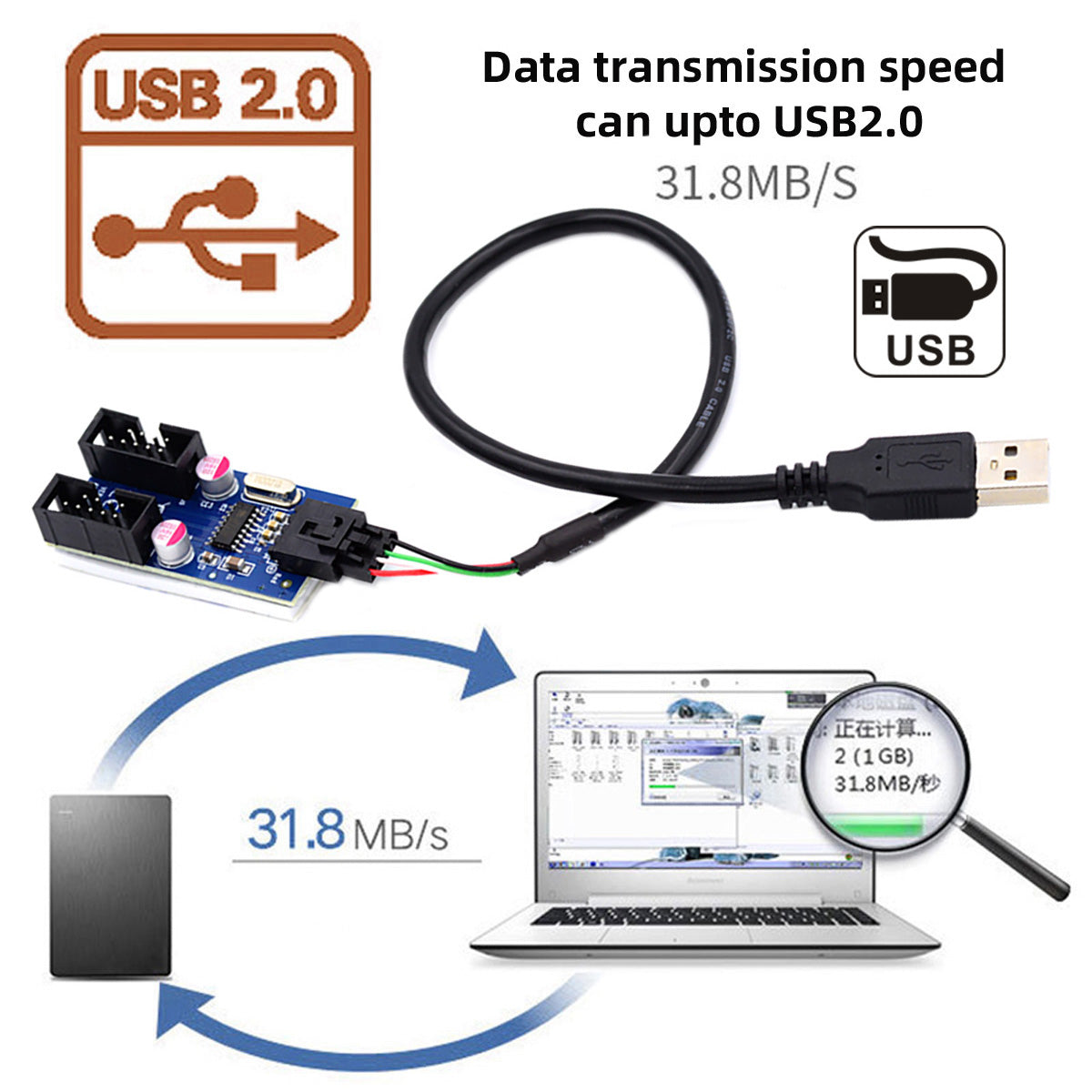 U2-066 USB 2.0 Type-A Male 1 to 2 Female Motherboard 9-pin Header Extension HUB Adapter Port Multiplier
