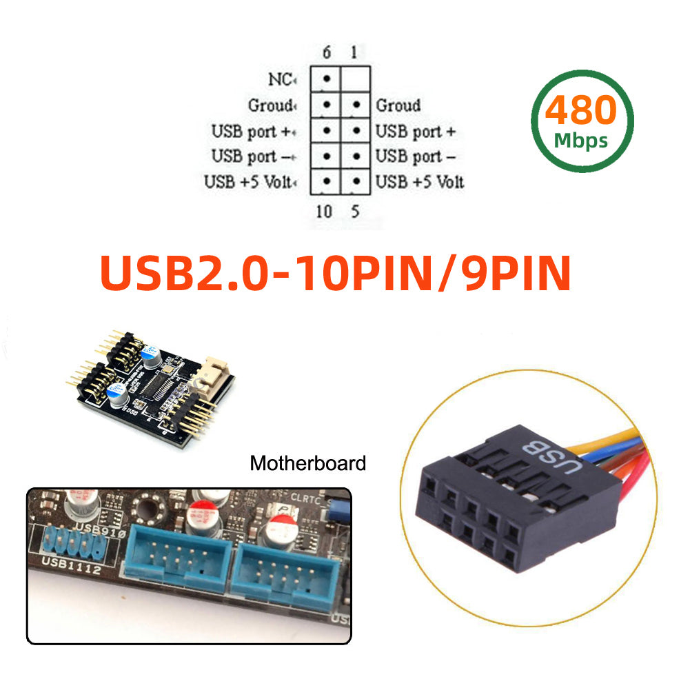 U2-066 USB 2.0 Type-A Male 1 to 2 Female Motherboard 9-pin Header Extension HUB Adapter Port Multiplier