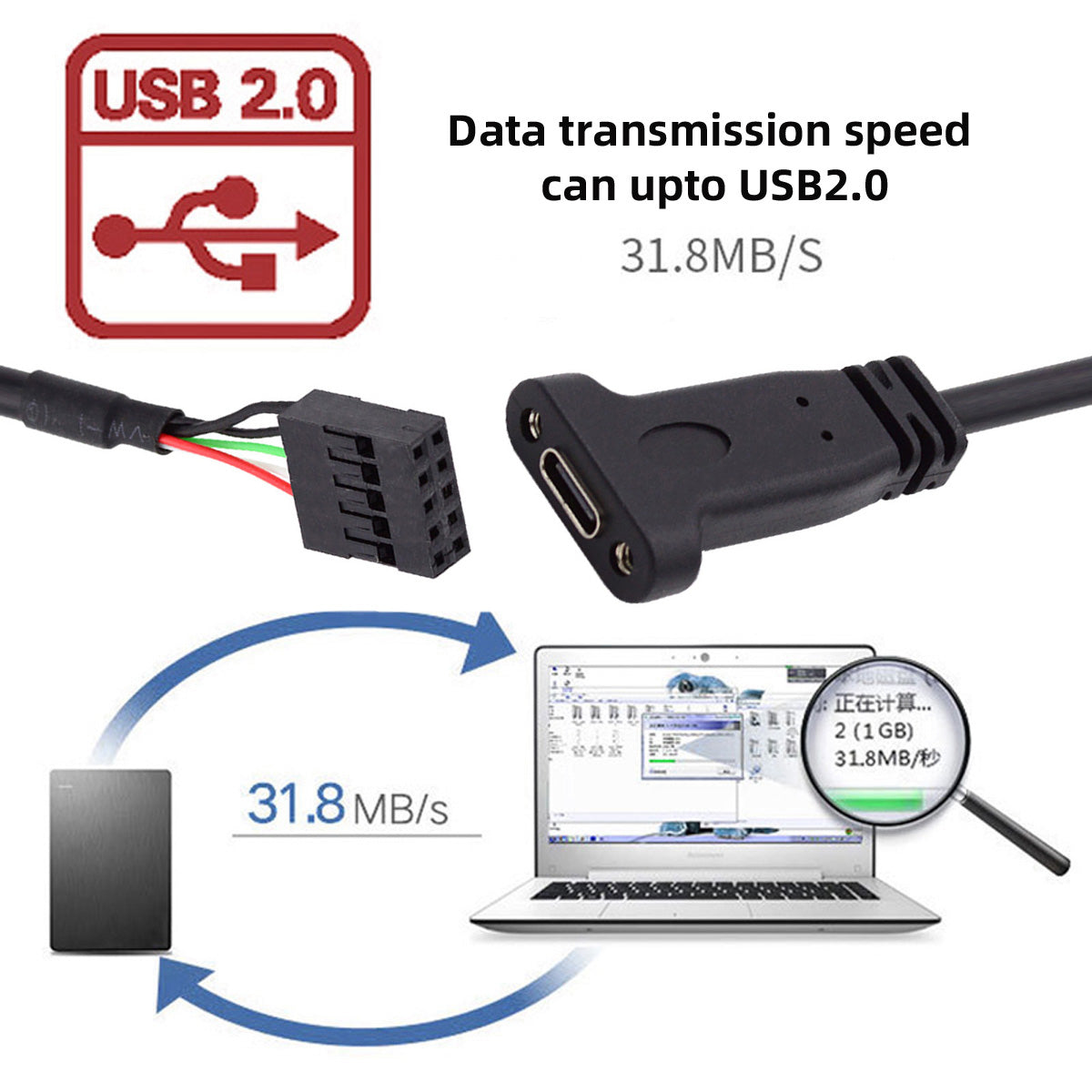UC-138 Single Port USB 3.1 Type C USB-C Female to USB 2.0 Motherboard 9pin 10pin Header Cable