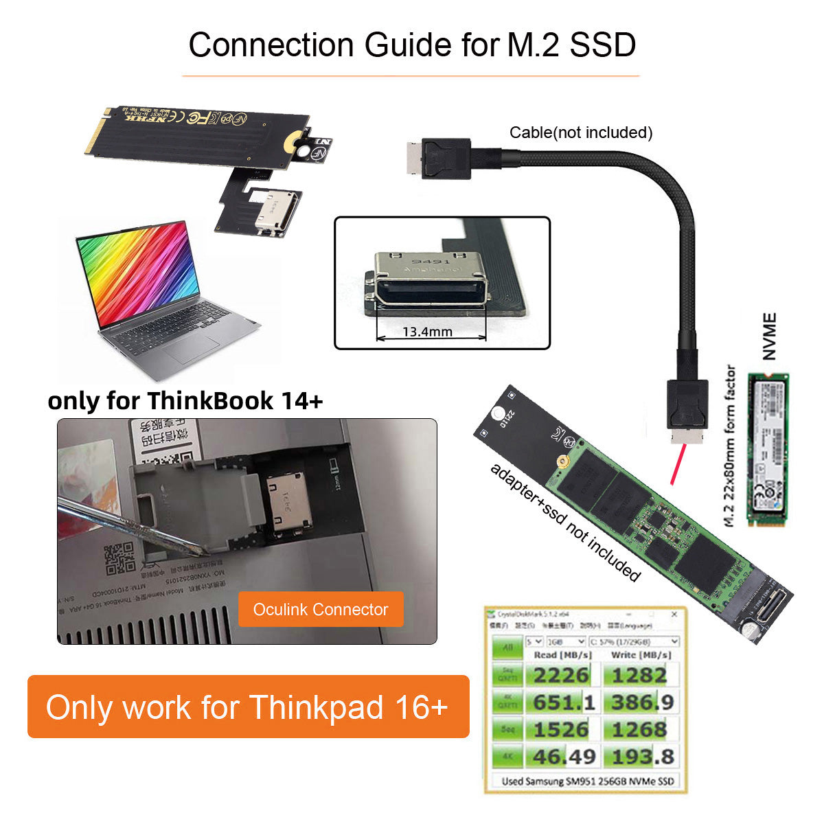 PCI-E 3.0 M.2 M-key to Oculink SFF-8612 SFF-8611 Host Adapter for ThinkBook 14+ Laptop External Graphics Card &amp; SSD