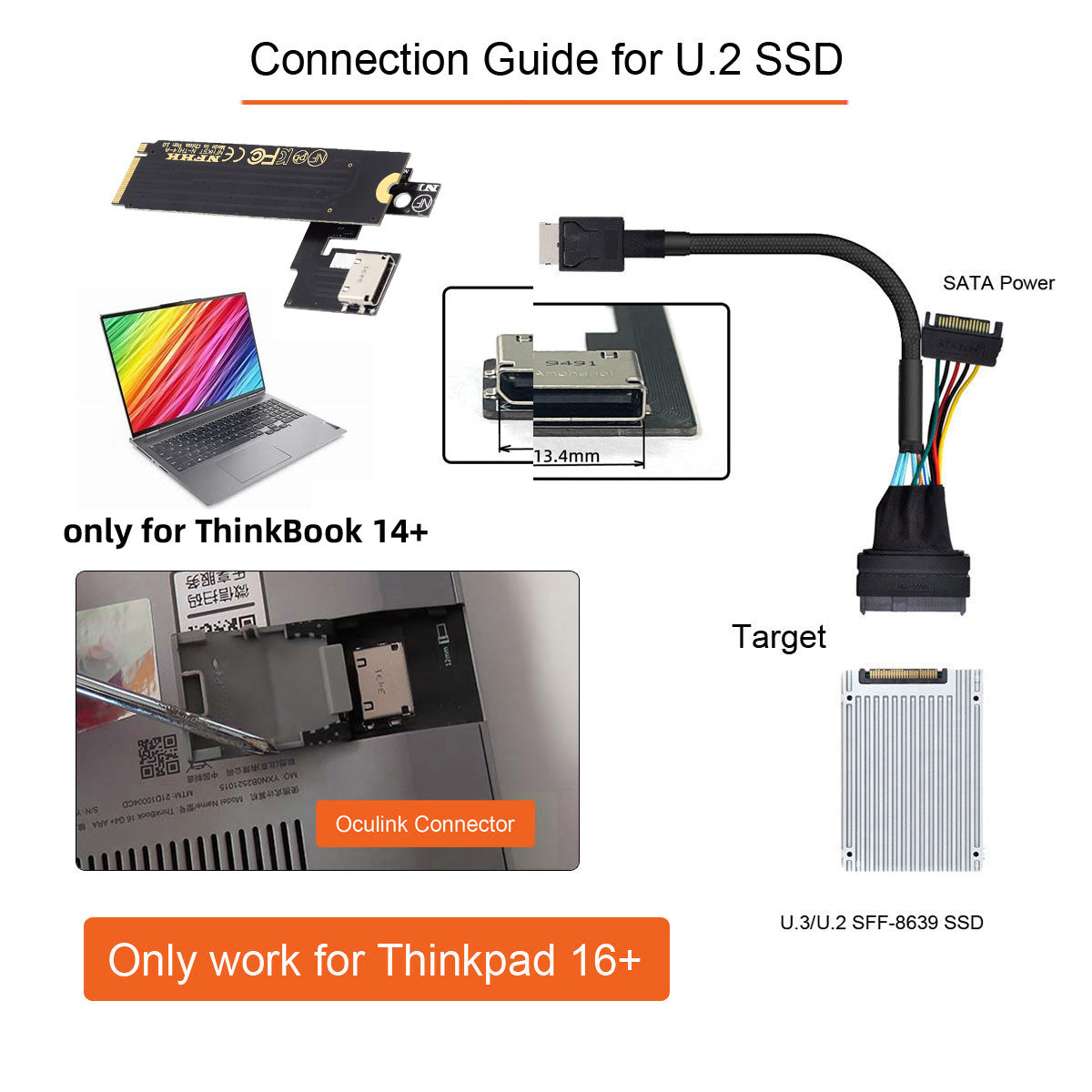 PCI-E 3.0 M.2 M-key to Oculink SFF-8612 SFF-8611 Host Adapter for ThinkBook 14+ Laptop External Graphics Card &amp; SSD