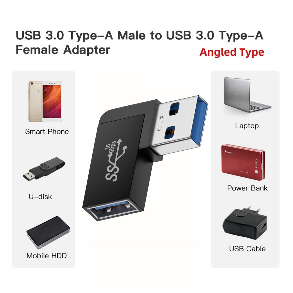 U3-018-RF 10Gbps USB3.0 Male to Female Extension Power Data Video Adapter 90-Degree Angled Type