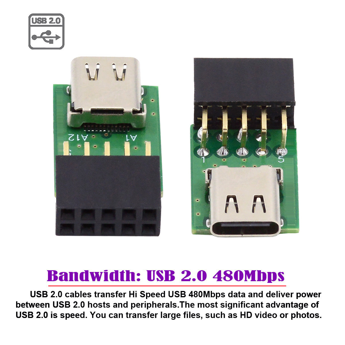 UC-141-TC001 Single Port Type-C 3.1 Female to USB 2.0 Motherboard 9Pin 10Pin Adapter PCBA 480Mbps