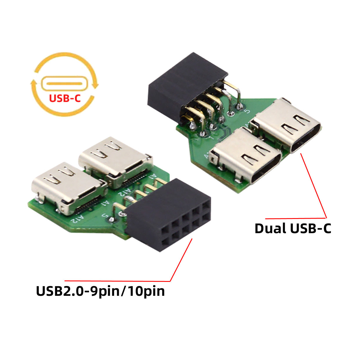 UC-141-TC002 Dual Port Type-C 3.1 Female to USB 2.0 Motherboard 9Pin 10Pin Adapter PCBA 480Mbps