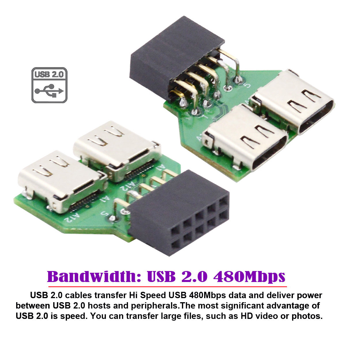 UC-141-TC002 Dual Port Type-C 3.1 Female to USB 2.0 Motherboard 9Pin 10Pin Adapter PCBA 480Mbps
