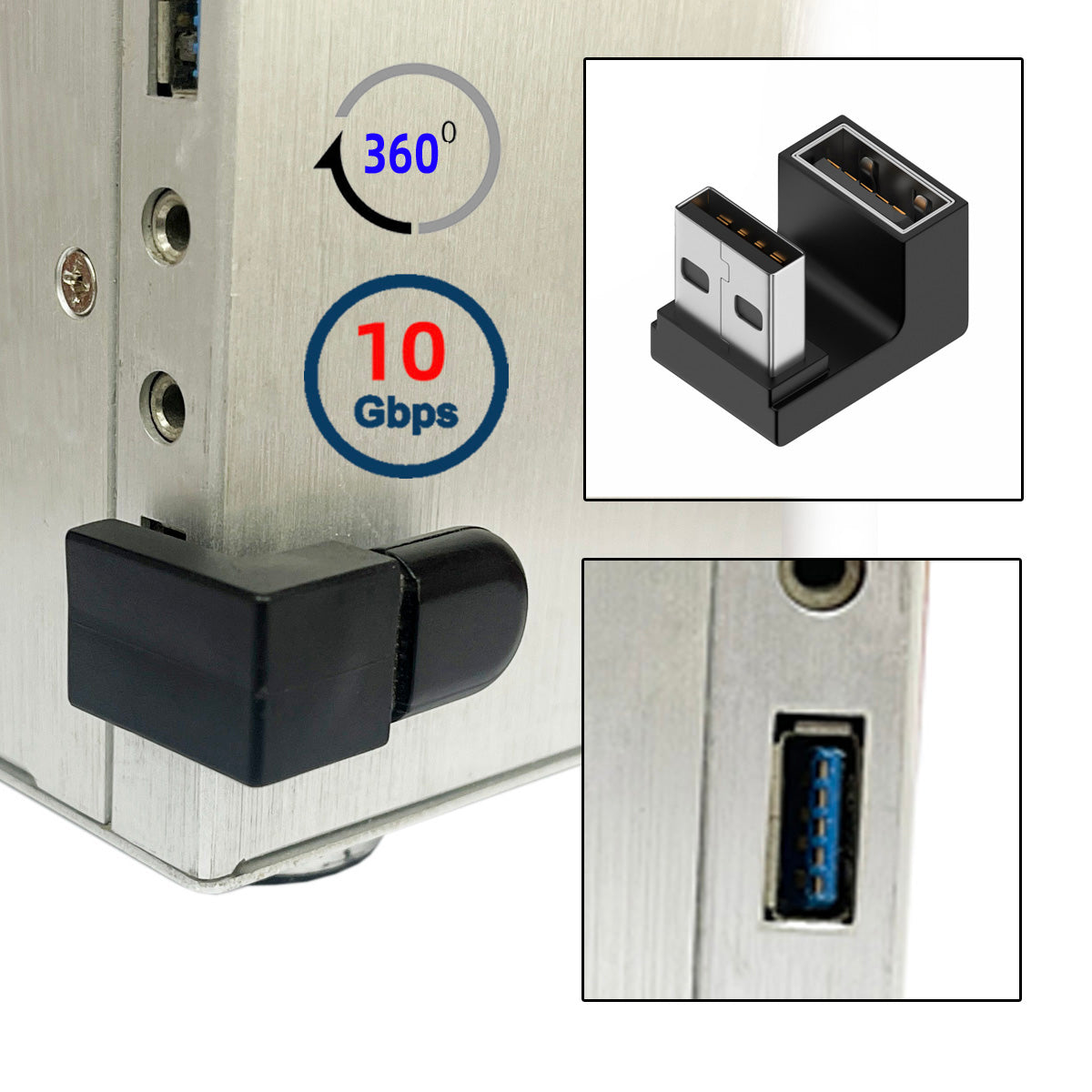 U3-018-OU 10Gbps USB3.0 Male to Female Extension Power Data Video Adapter Opposite U-Shape Back Angled