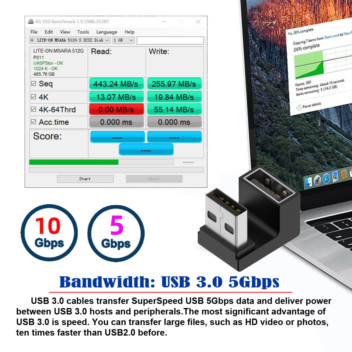 U3-018-OU 10Gbps USB3.0 Male to Female Extension Power Data Video Adapter Opposite U-Shape Back Angled