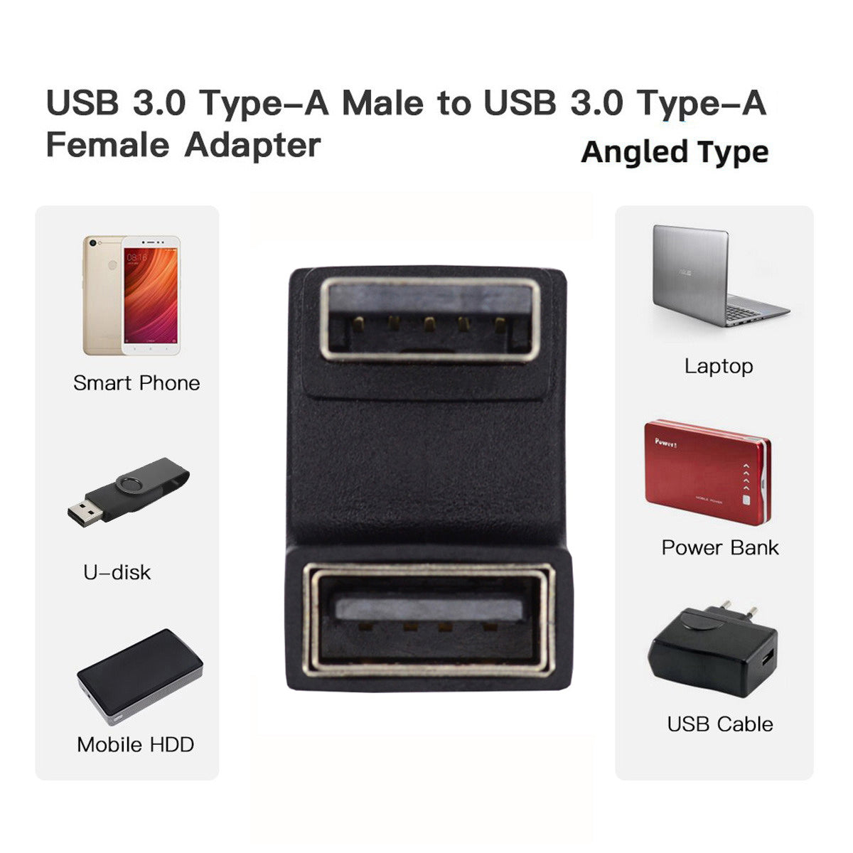 U3-018-OU 10Gbps USB3.0 Male to Female Extension Power Data Video Adapter Opposite U-Shape Back Angled