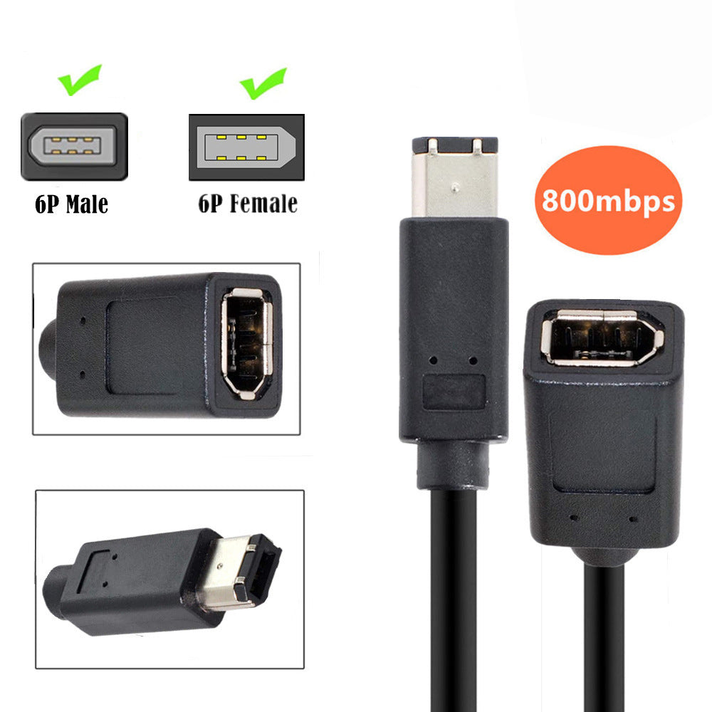 CA-001 20cm IEEE 1394 6Pin Female to 1394a 6Pin Male Extension Data Cable 400 to 400 Firewire - Black