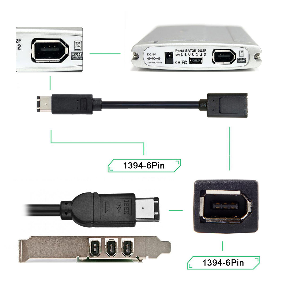 CA-001 20cm IEEE 1394 6Pin Female to 1394a 6Pin Male Extension Data Cable 400 to 400 Firewire - Black