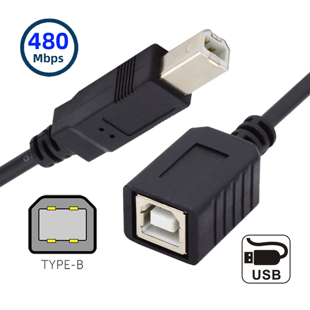 U2-068-BK 20cm USB 2.0 B Type Male to Female Extension Cable 20cm for Printer Scanner Hard Disk