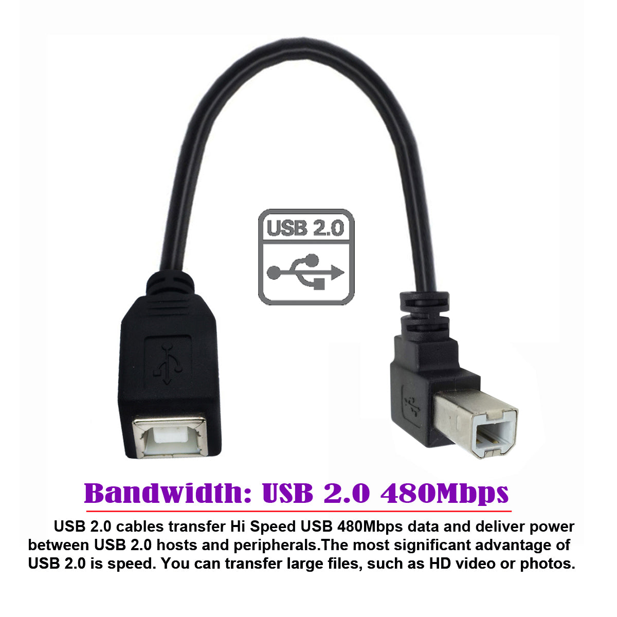U2-068-UP 20cm Elbow Type B Male USB 2.0 to Female Extension Cable 480Mbps Data Transfer for Printer Scanner Disk