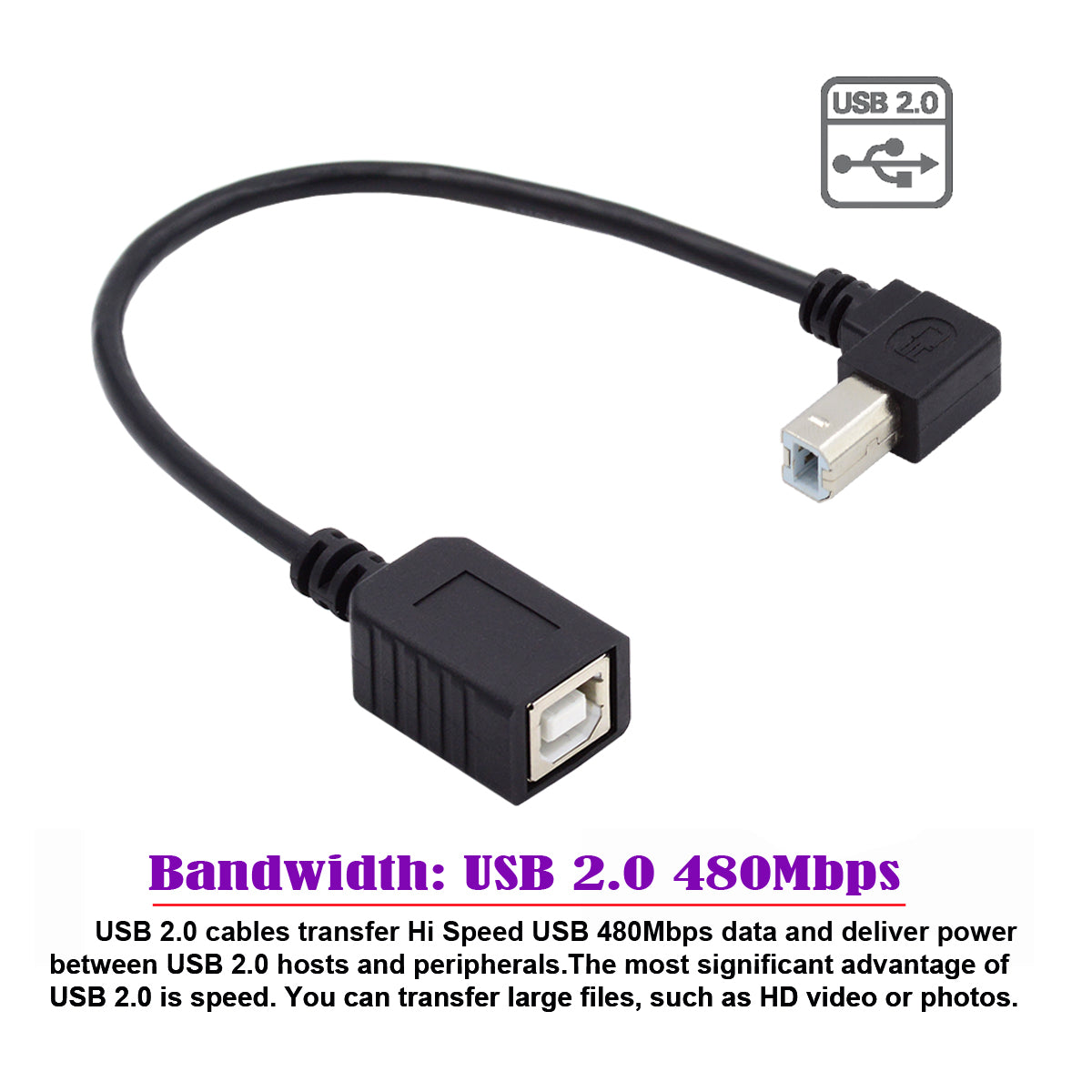 U2-068-UP 20cm Elbow Type B Male USB 2.0 to Female Extension Cable 480Mbps Data Transfer for Printer Scanner Disk