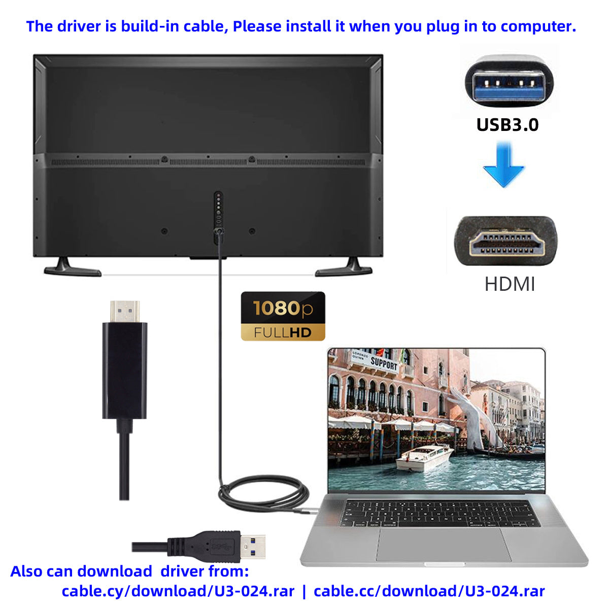 U3-024 1.8m USB 3.0 Male to HDMI Male Adapter Cable Converter Cord for Computer, Laptop, Projector