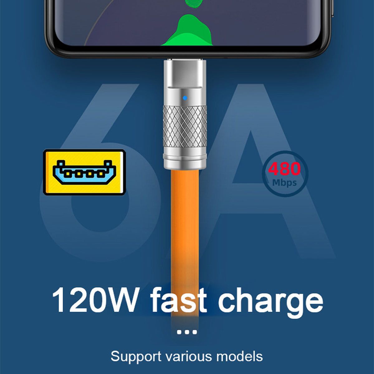 U2-089-OR-1.0M USB-A to Micro USB Cable Liquid Silicone USB2.0 480Mbps Data Cord for Laptop Tablet Phone