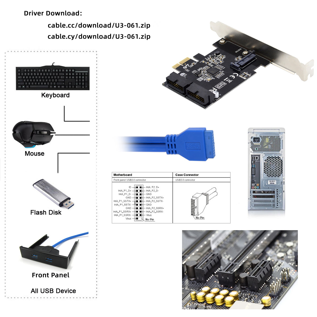 U3-048 PCI-E 1X Express Card to 19Pin 20Pin USB 3.0 Front Panel Header 5Gbps VL805 Adapter
