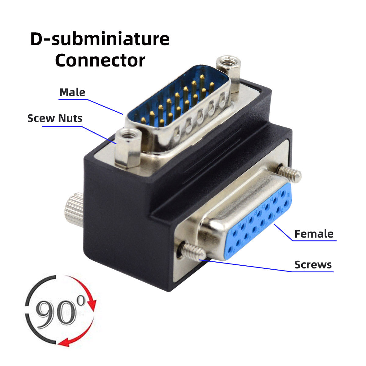 DB-017-DN DSUB D-subminiature 15Pin Male Nut to Female Screw Extension Adapter DB Connector 90 Degree Angled