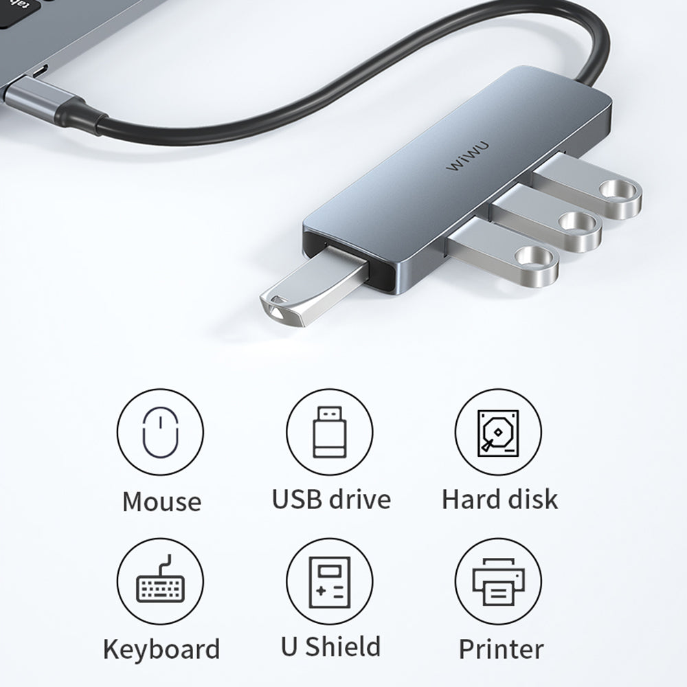 WIWU A440 PRO 4-In-1 USB-C Adapter Hub to 4xUSB 3.0 Port for MacBook MateBook Type-C Laptop