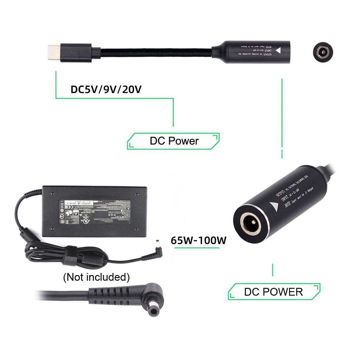 UC-149-5521MM 5.5x2.1mm DC Female Jack to Type-C Male Charge Cable for Laptop Phone PD9V 15V 20V