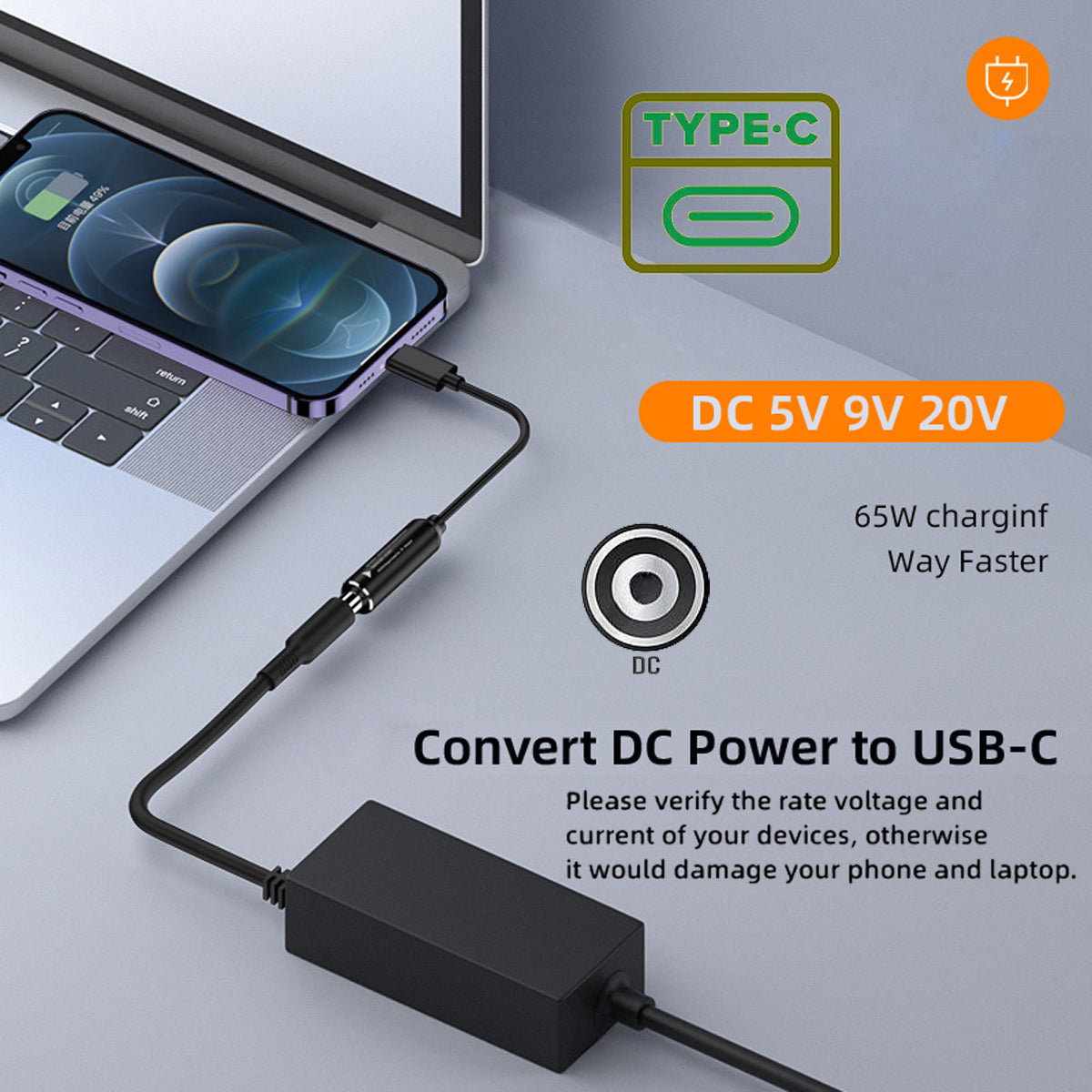 UC-149-5521MM 5.5x2.1mm DC Female Jack to Type-C Male Charge Cable for Laptop Phone PD9V 15V 20V