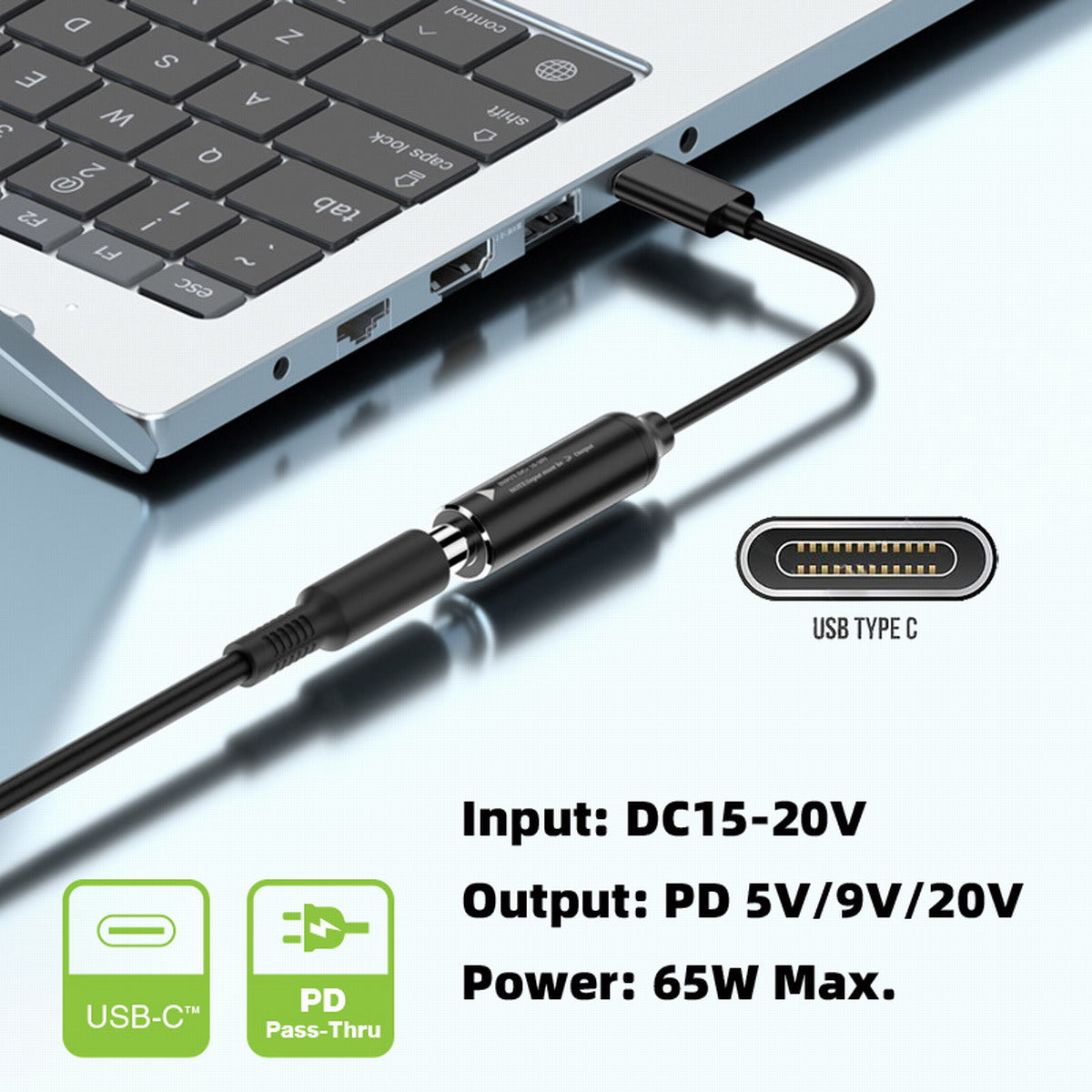 UC-149-5521MM 5.5x2.1mm DC Female Jack to Type-C Male Charge Cable for Laptop Phone PD9V 15V 20V