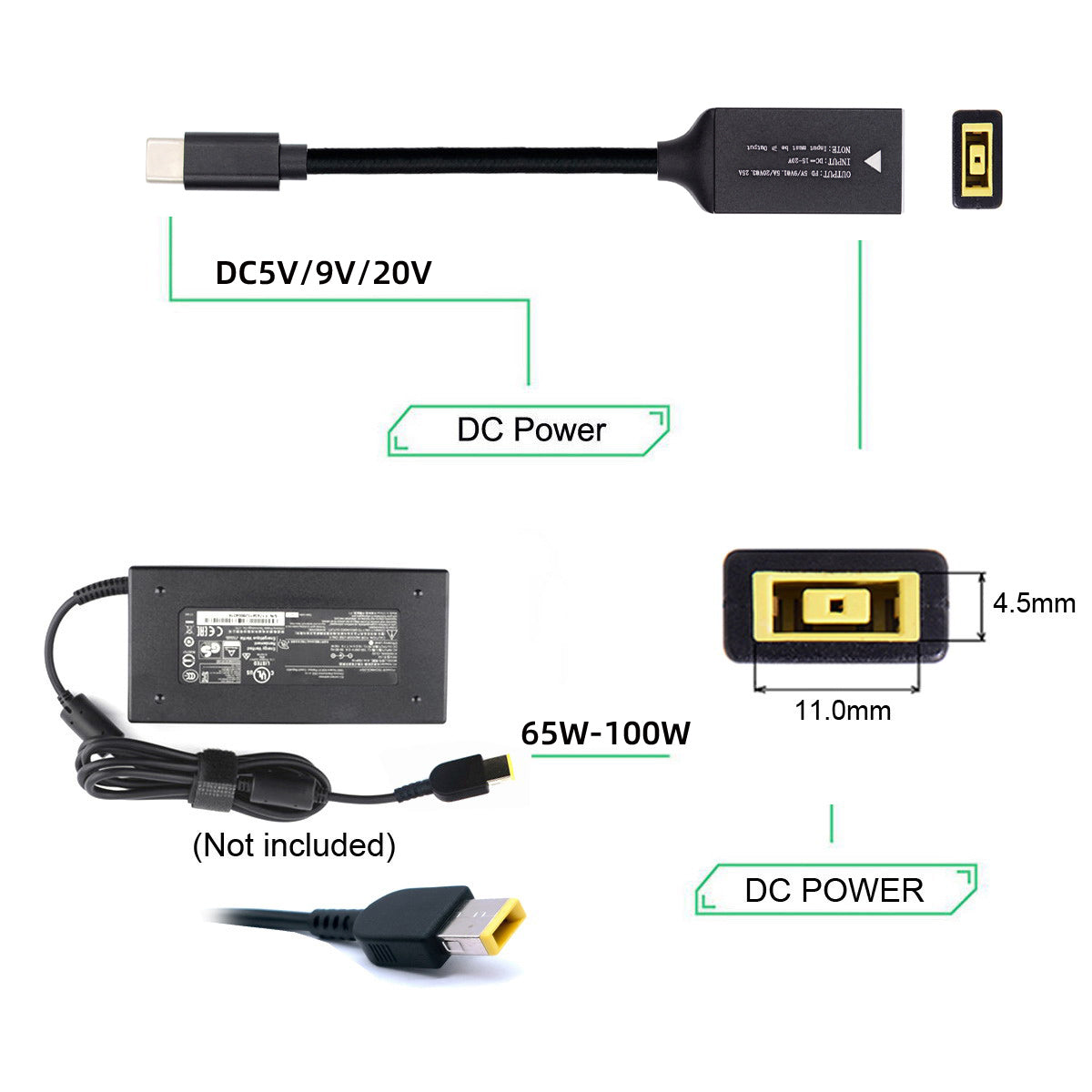 UC-149-1145MM Rectangle Jack Thinkpad 11x4.5mm Input Female to Type-C Male Charge Cable for Laptop Phone PD9V 15V 20V