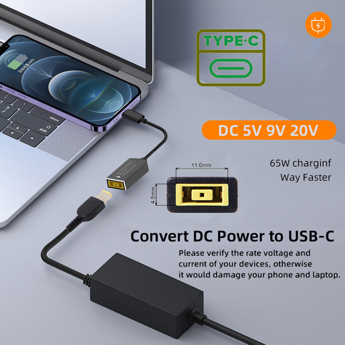 UC-149-1145MM Rectangle Jack Thinkpad 11x4.5mm Input Female to Type-C Male Charge Cable for Laptop Phone PD9V 15V 20V