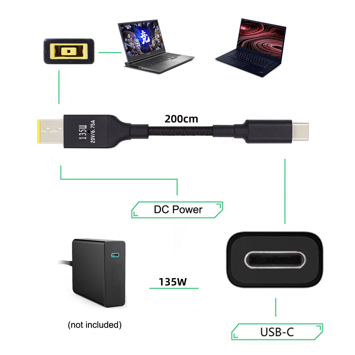 UC-106-DC135W Type-C 135W to DC Rectangle 11.0x4.5mm Power PD Charge Cable for Lenovo Thinkpad X1 Legion Y7000P Laptop DC20V 6.25A