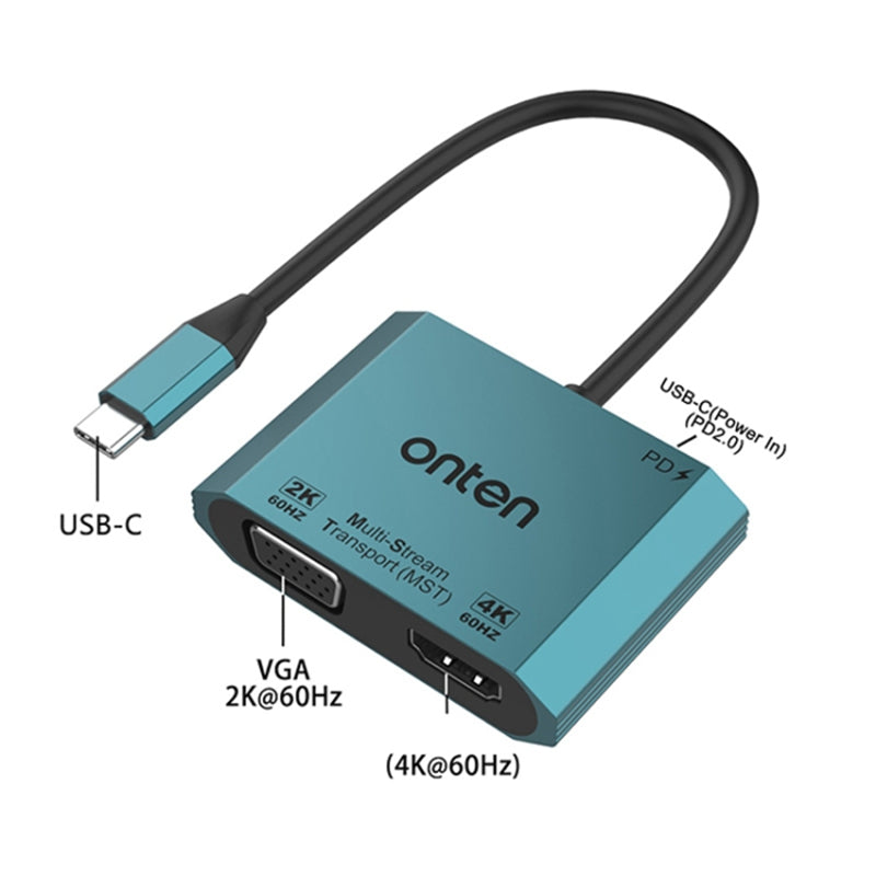 ONTEN M205 3-in-1 Type-C to HD+VGA Adapter Cable with PD Fast Charging USB-C Video Converter - Blue