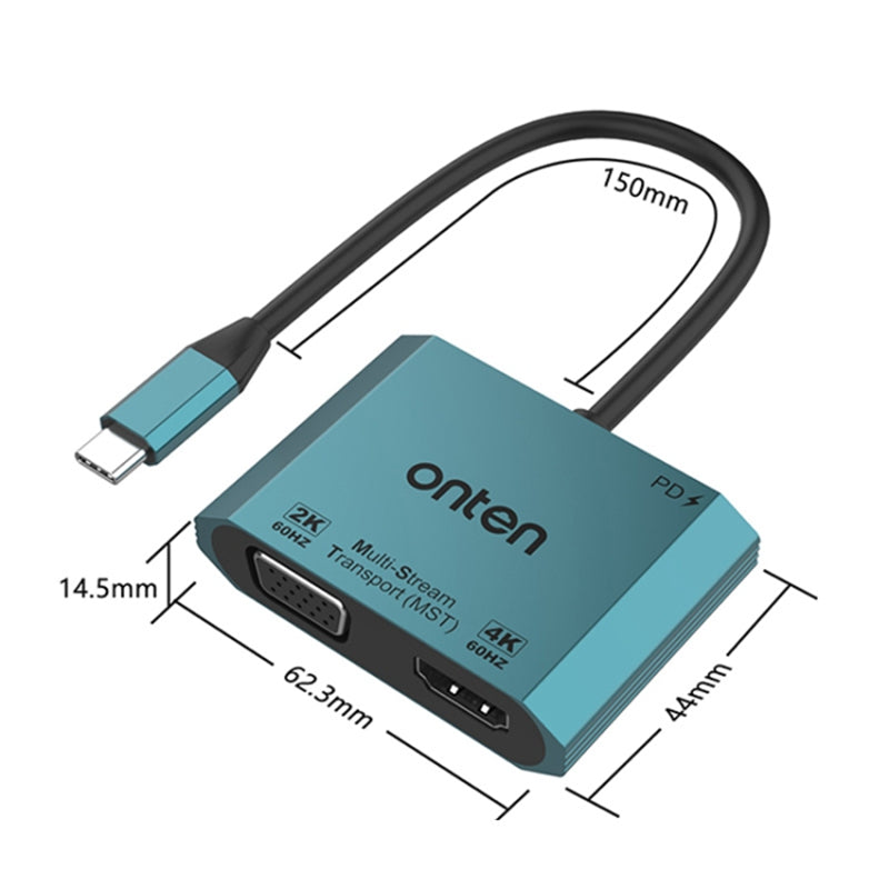 ONTEN M205 3-in-1 Type-C to HD+VGA Adapter Cable with PD Fast Charging USB-C Video Converter - Blue