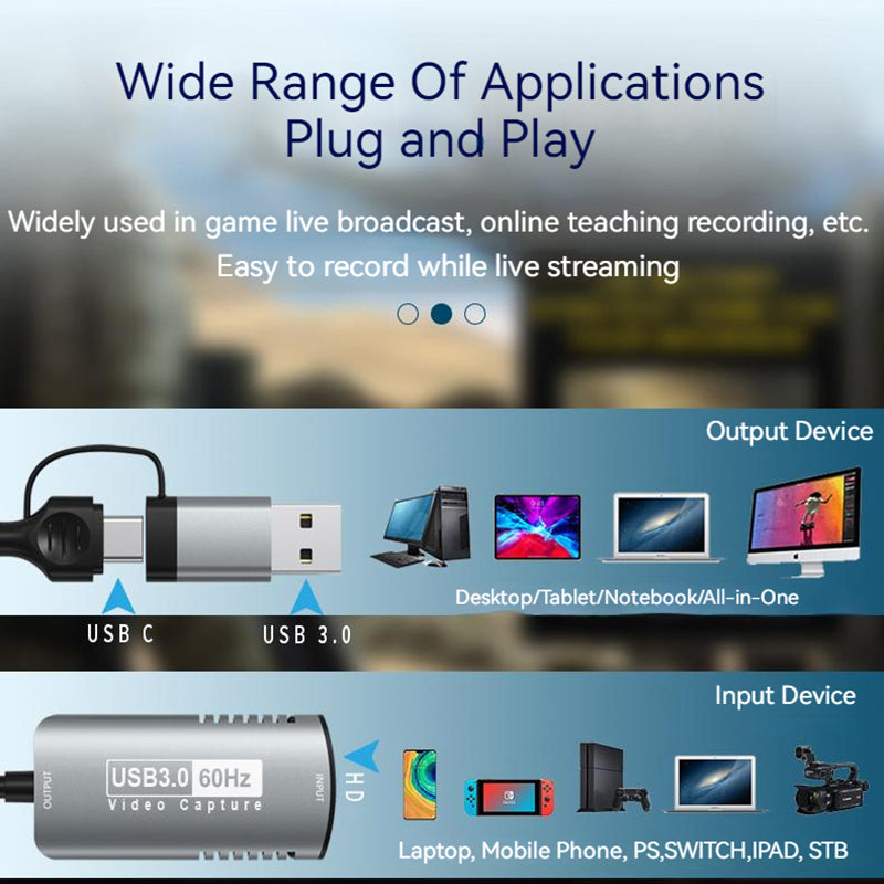 HDMI to USB3.0 + Type-C 4K HD Adapter 1080P 60Hz Video Capture Card for Gaming Live Streaming
