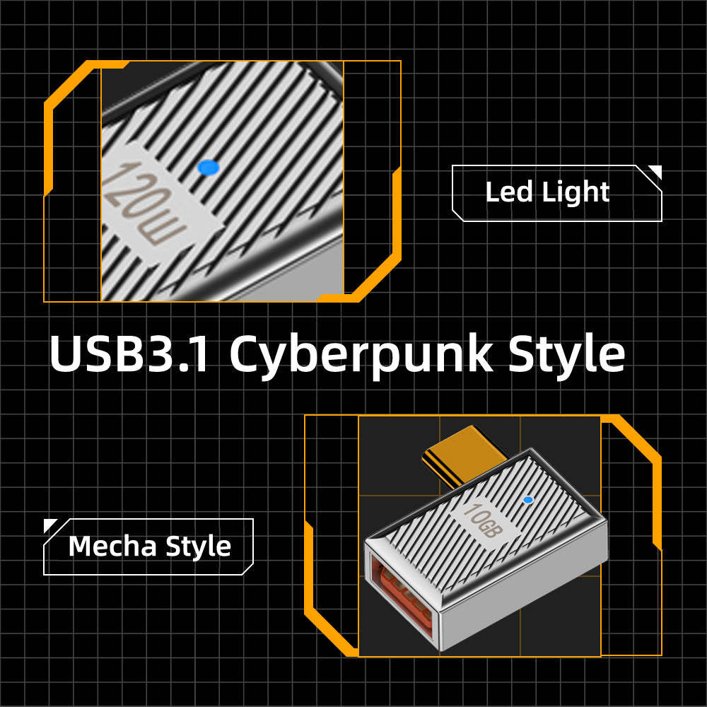 UC-017-RI Mecha Cyberpunk Style 10Gbps USB 3.1 Type C Male to USB 3.0 A Female OTG Data 120W Power Left Right Angled Adapter
