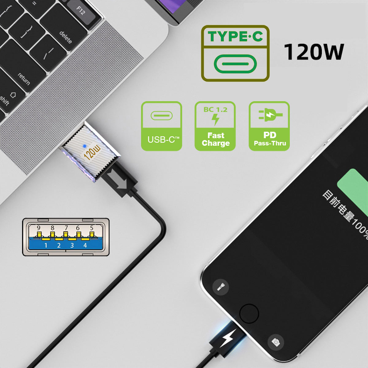 UC-017-SL USB 3.1 Type C Male to USB 3.0 A Female 10Gbps OTG Data 120W Power Adapter for Laptop Tablet Phone