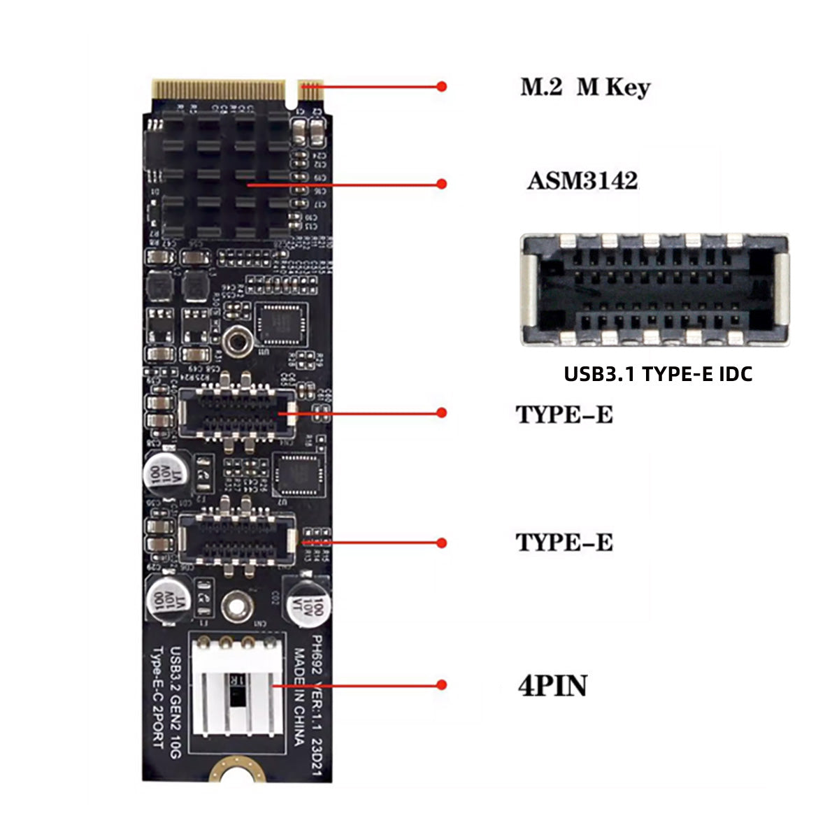 EP-020 NVME NGFF M-Key to Dual Type-E USB 3.1 Front Panel Socket 10Gbps Express Card Adapter (ASM3142 Chip)