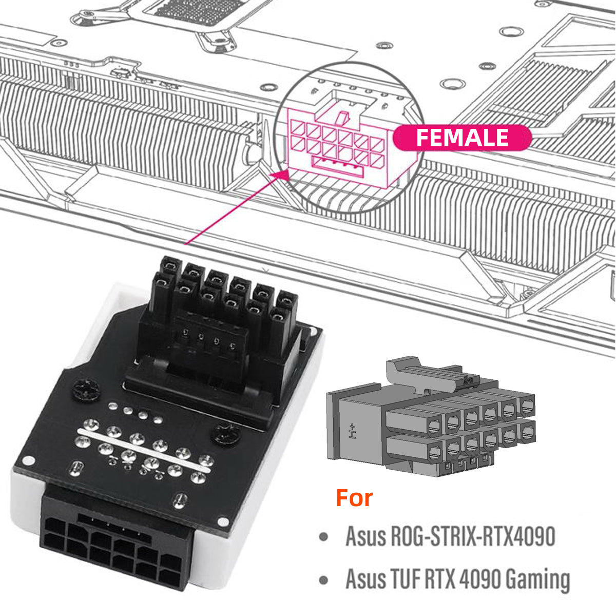 PW-047-DN 12VHPWR ATX3.0 PCI-E 5.0 12+4Pin Power Modular Male to Female Adapter Extension Down Angled 90 Degree Converter - Black