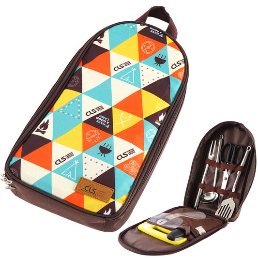 CLS 7Pcs / Set Outdoor Camping BBQ Cookware Spatula Cutting Board Knife Fork Spoon Scissors with Storage Bag (BPA Free, No FDA Certificate) - Colorful Triangle