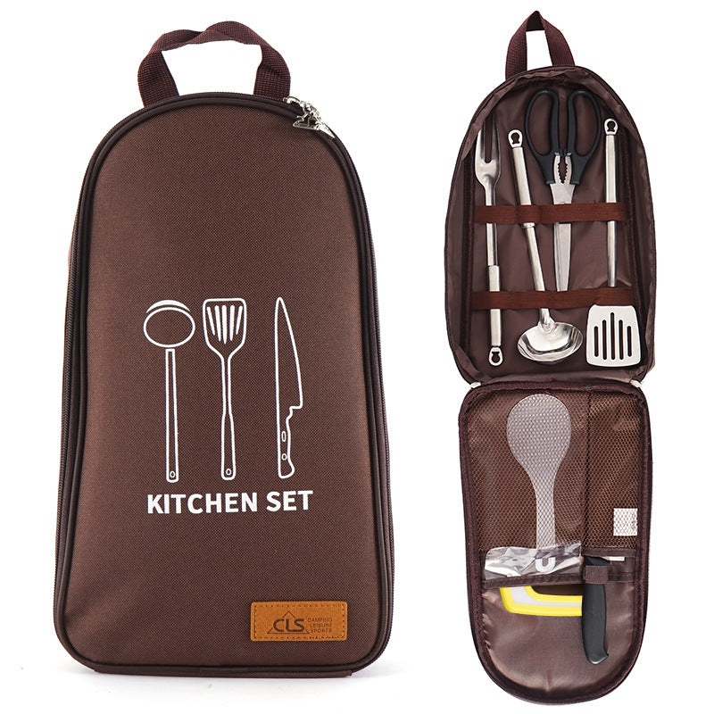 CLS 7Pcs / Set Outdoor Camping BBQ Cookware Spatula Cutting Board Knife Fork Spoon Scissors with Storage Bag (BPA Free, No FDA Certificate) - Coffee