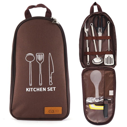 CLS 7Pcs / Set Outdoor Camping BBQ Cookware Spatula Cutting Board Knife Fork Spoon Scissors with Storage Bag (BPA Free, No FDA Certificate) - Coffee