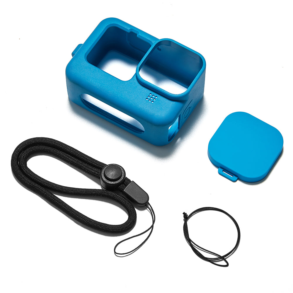 Silicone Case Protector Cover + Lens Cap + Lanyard for GoPro Hero 9 Action Camera - Blue