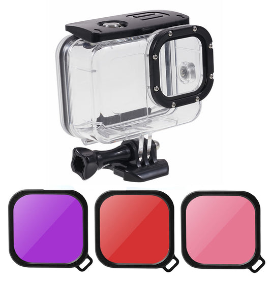 AT1218 Underwater Camera Waterproof Case Tempered Glass Lens Protection Diving Shell with 3 Lens Filter for GoPro Hero 10/9