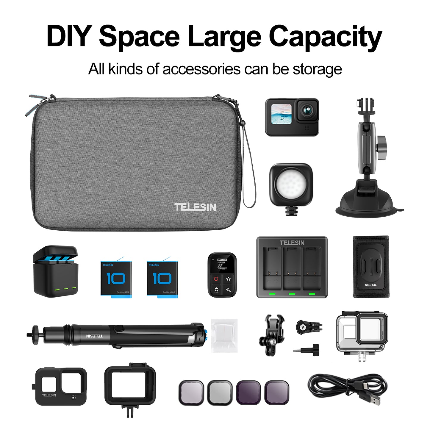 Uniqkart GP-PRC-311 Large Size Portable Shockproof Camera Carrying Case Zipper Storage Bag with Wrist Strap for GoPro Hero 9 / 10 / 11