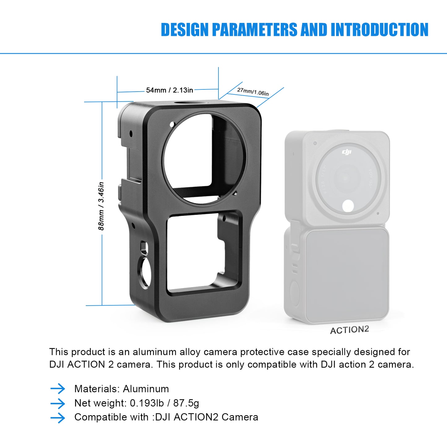 AGDY47 Aluminum Alloy Protective Metal Case Frame Cage + UV Lens Filter for DJI Action 2 Camera Accessories - Titanium Grey