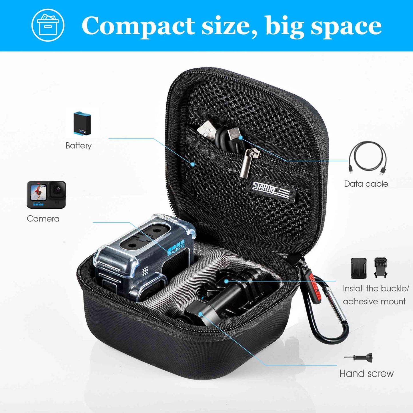 Uniqkart 1110667 For GoPro Hero 10 Portable Zipper Case PU Leather Textured Handle Strap Accessories Storage Bag